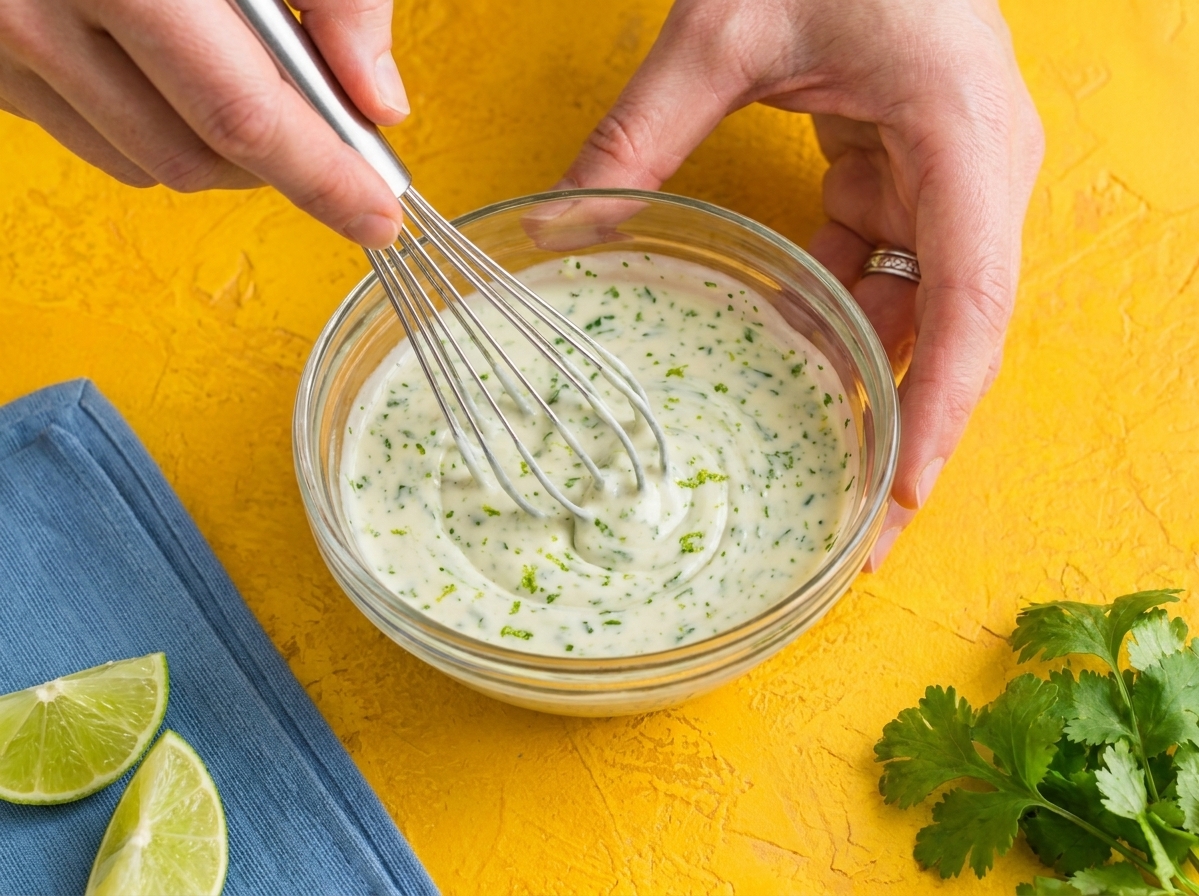 Hands whisking creamy lime cilantro dressing in a small bowl on a kitchen counter