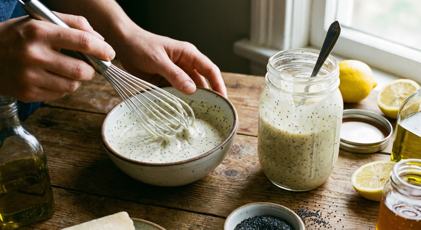 Hands whisking creamy poppyseed dressing in a small bowl next to an open mason jar