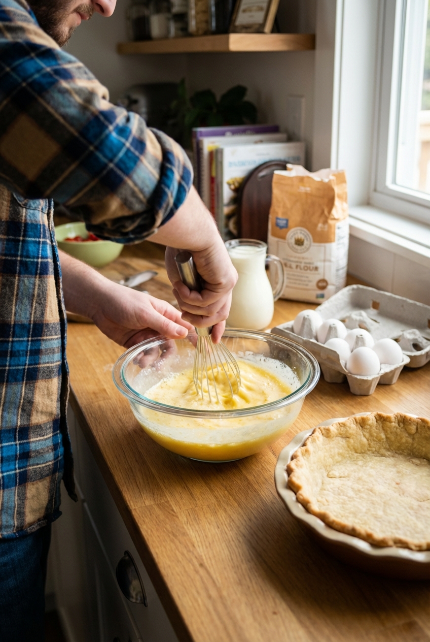 Hands whisking eggs and cream in a glass bowl on a kitchen counter with a pie crust nearby
