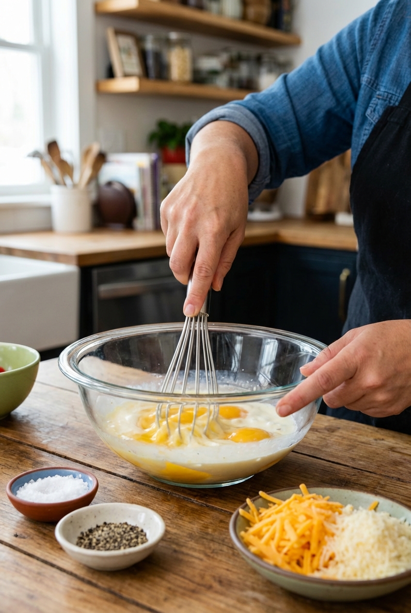 Hands whisking eggs and cream in a glass bowl on a kitchen counter with salt, pepper, and grated cheese nearby