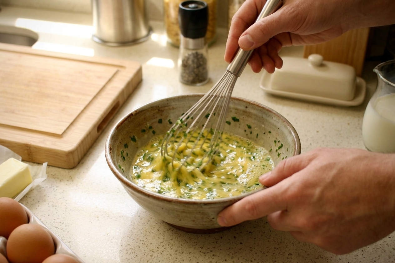 Hands whisking eggs in a ceramic bowl on a kitchen counter with morning light