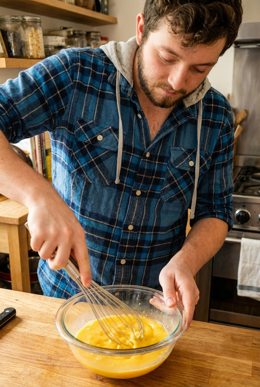 Hands whisking eggs in a glass bowl on a kitchen counter