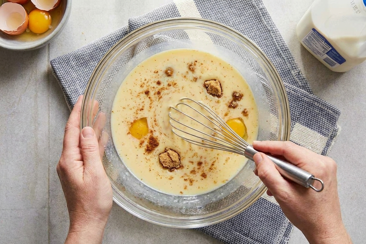 Hands whisking eggs, milk, cinnamon, and brown sugar in a large bowl on a kitchen counter