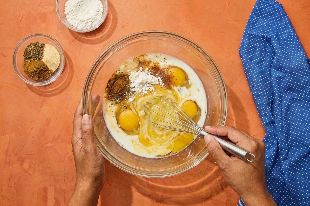 Hands whisking eggs, milk, flour, and spices together in a glass mixing bowl on a kitchen counter