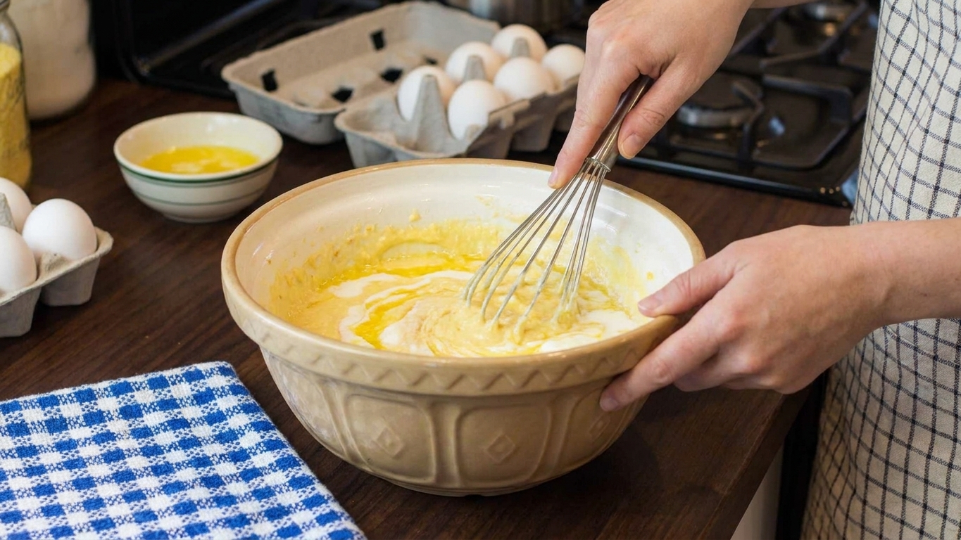 Hands whisking eggs, milk, sour cream, and melted butter together in a large mixing bowl on a home kitchen counter