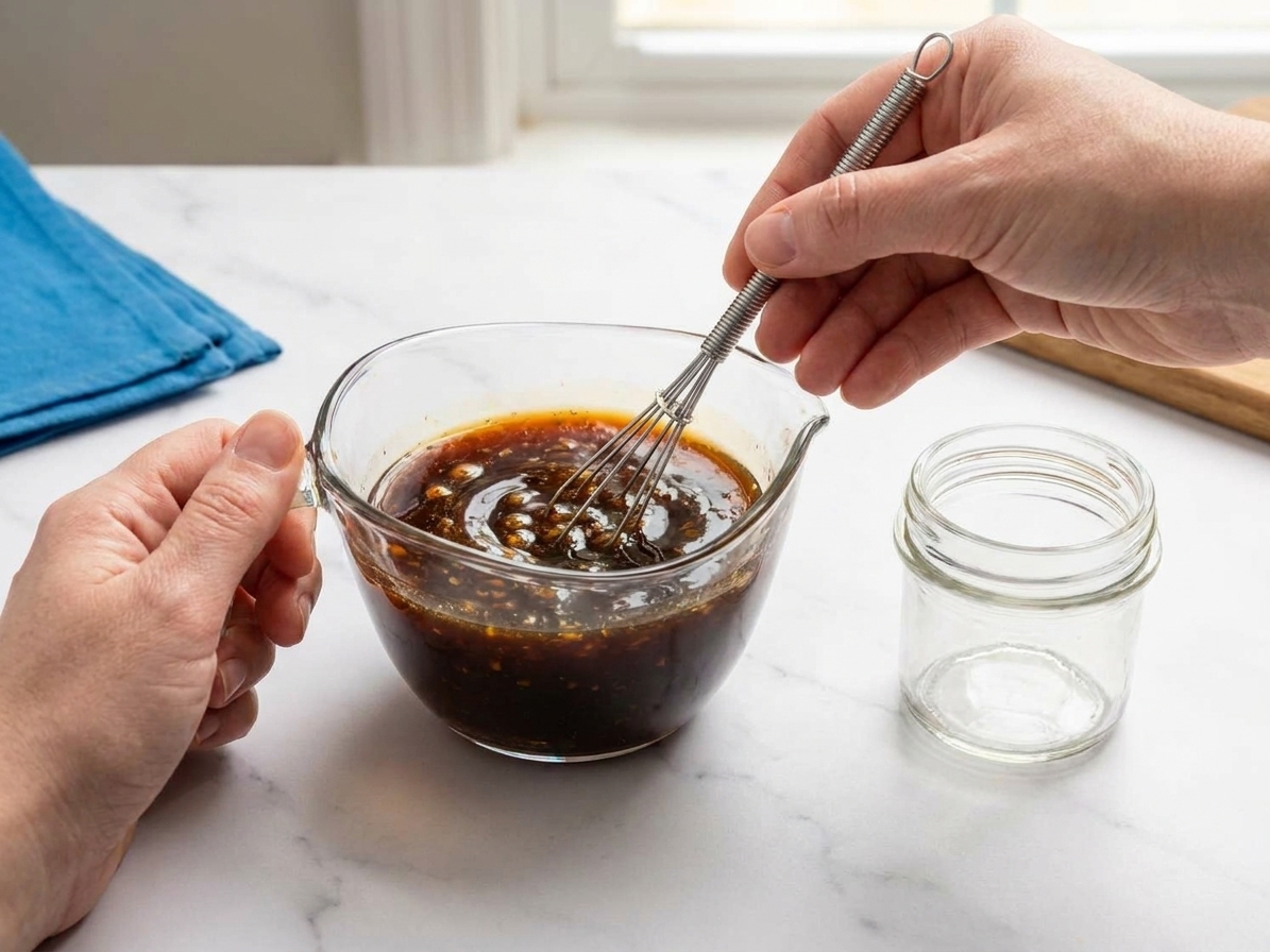 Hands whisking honey sauce in a glass measuring cup, with a small jar nearby ready for storage on a kitchen counter