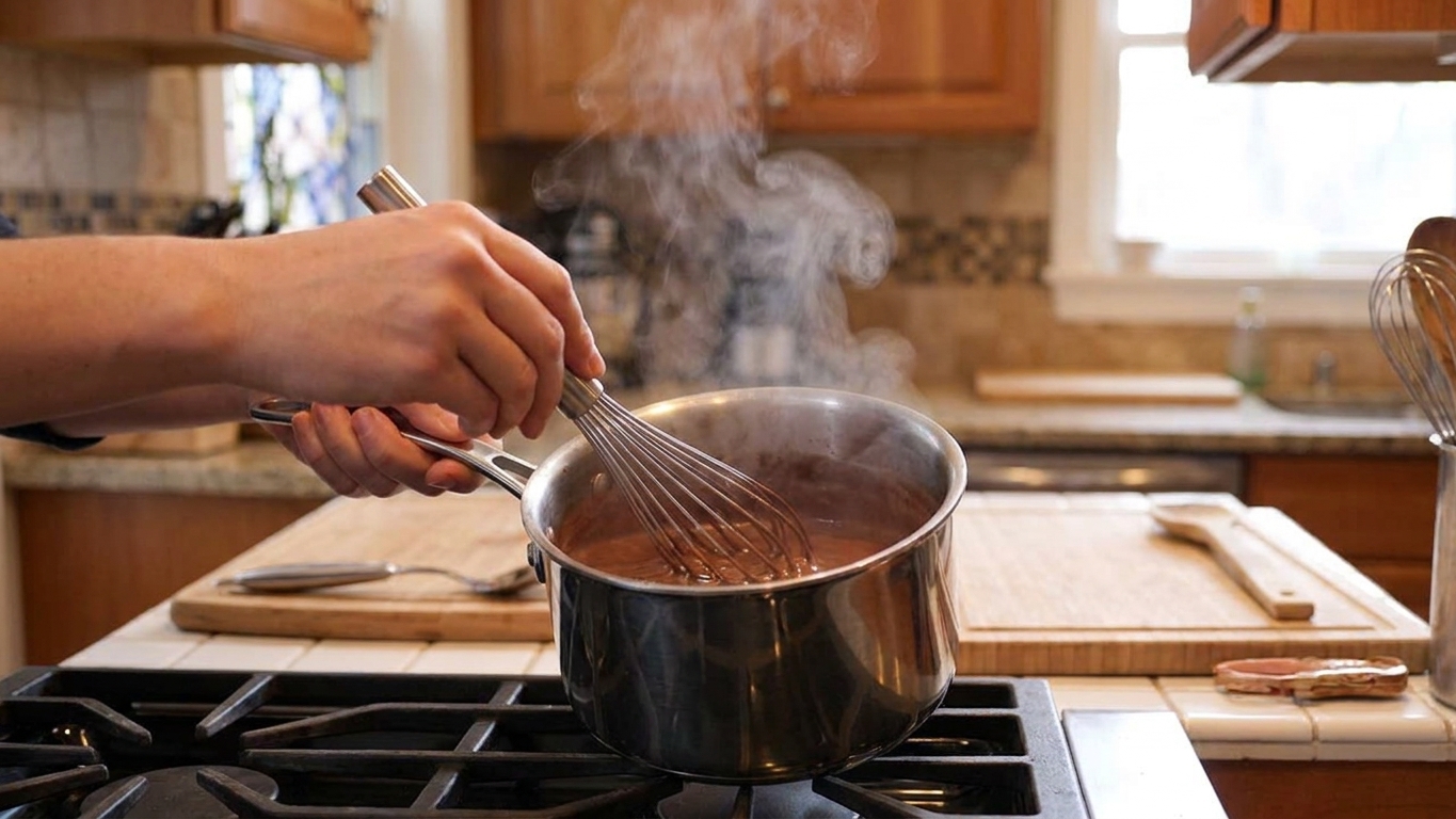 Hands whisking hot chocolate in a small saucepan on a stovetop with steam rising