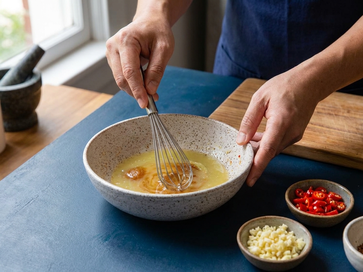 Hands whisking lime juice, fish sauce, and sugar in a small bowl on a bright home kitchen counter with chopped garlic and sliced chiles nearby
