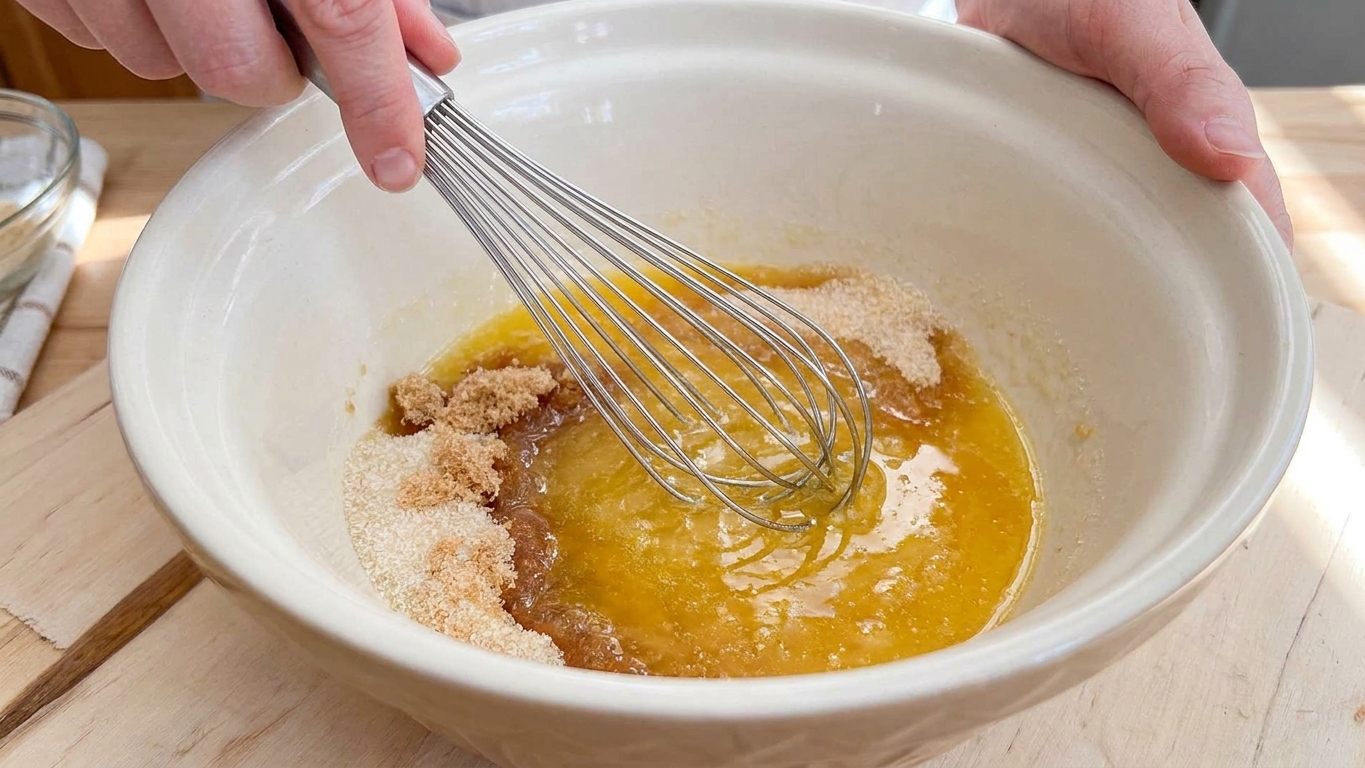 Hands whisking melted butter and sugars in a large ceramic mixing bowl on a kitchen counter