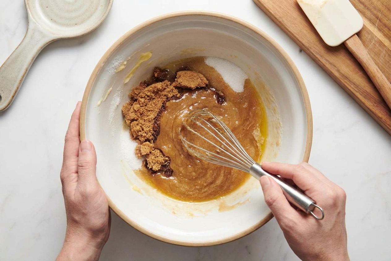 Hands whisking melted butter and sugars together in a large mixing bowl on a kitchen counter