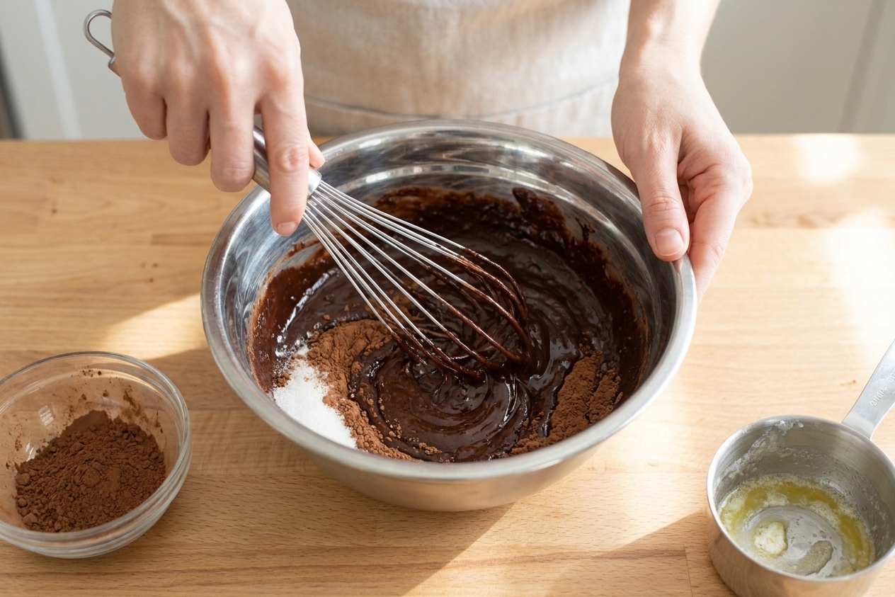Hands whisking melted butter, sugar, and cocoa powder in a mixing bowl until thick and shiny