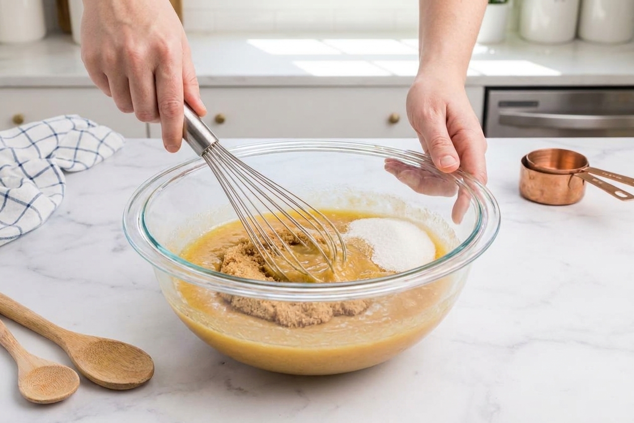 Hands whisking melted butter with brown sugar and white sugar in a large mixing bowl on a kitchen counter