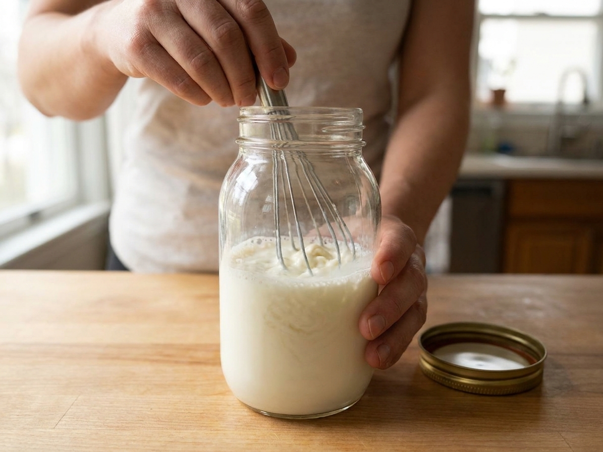 Hands whisking milk and a small amount of cultured buttermilk starter together inside a clear glass jar on a kitchen counter