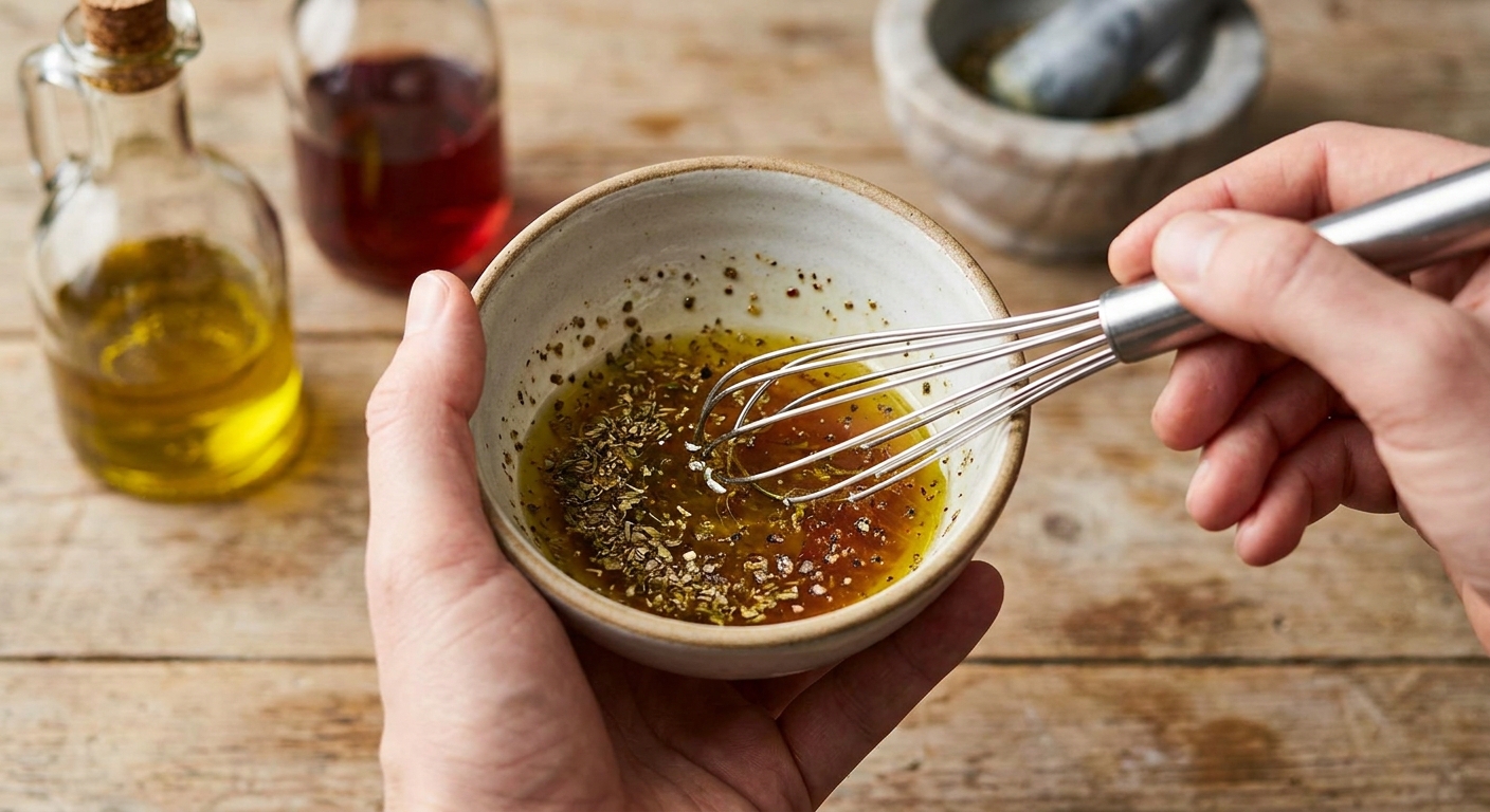 Hands whisking olive oil and red wine vinegar with oregano and seasonings in a small bowl on a kitchen counter