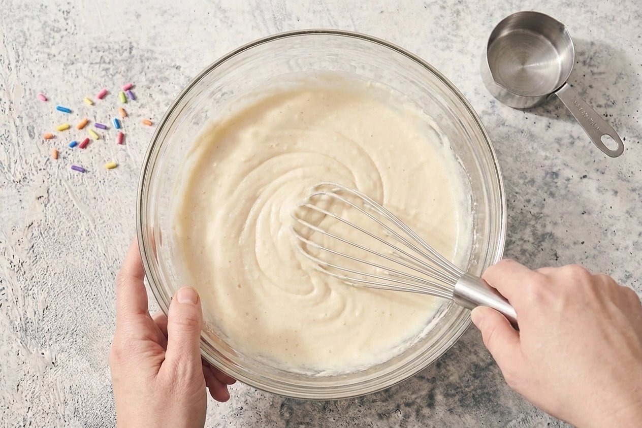 Hands whisking pale vanilla cake batter in a large glass bowl on a kitchen counter with a whisk and measuring cup nearby