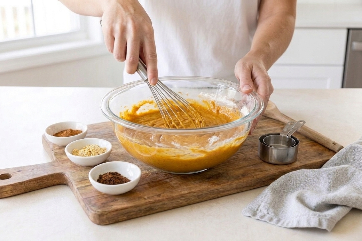 Hands whisking pumpkin cake batter in a large glass bowl on a kitchen counter, with measuring cups and spices nearby