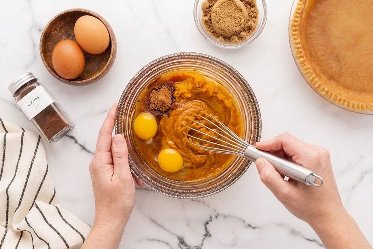 Hands whisking pumpkin puree, eggs, and spices in a glass bowl on a kitchen counter