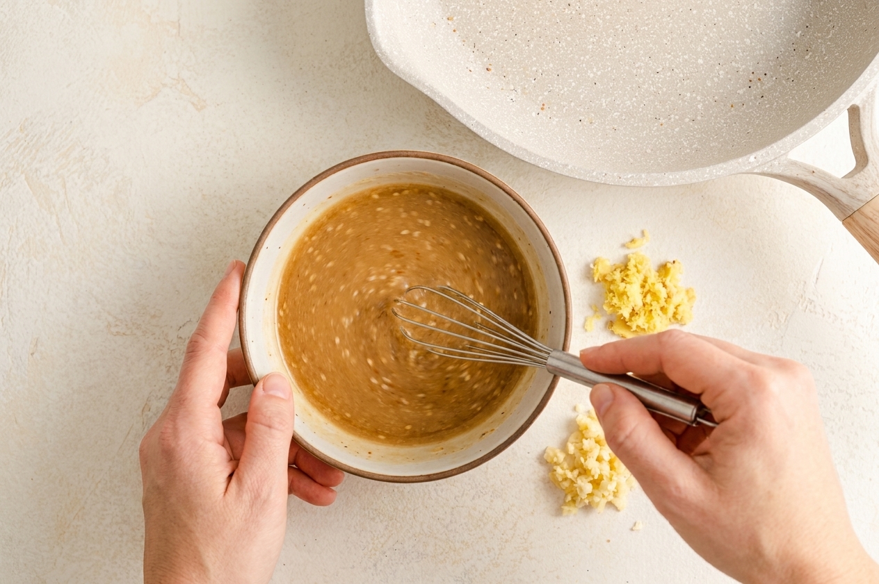 Hands whisking sesame ginger dressing in a small bowl on a kitchen counter with grated ginger and garlic visible