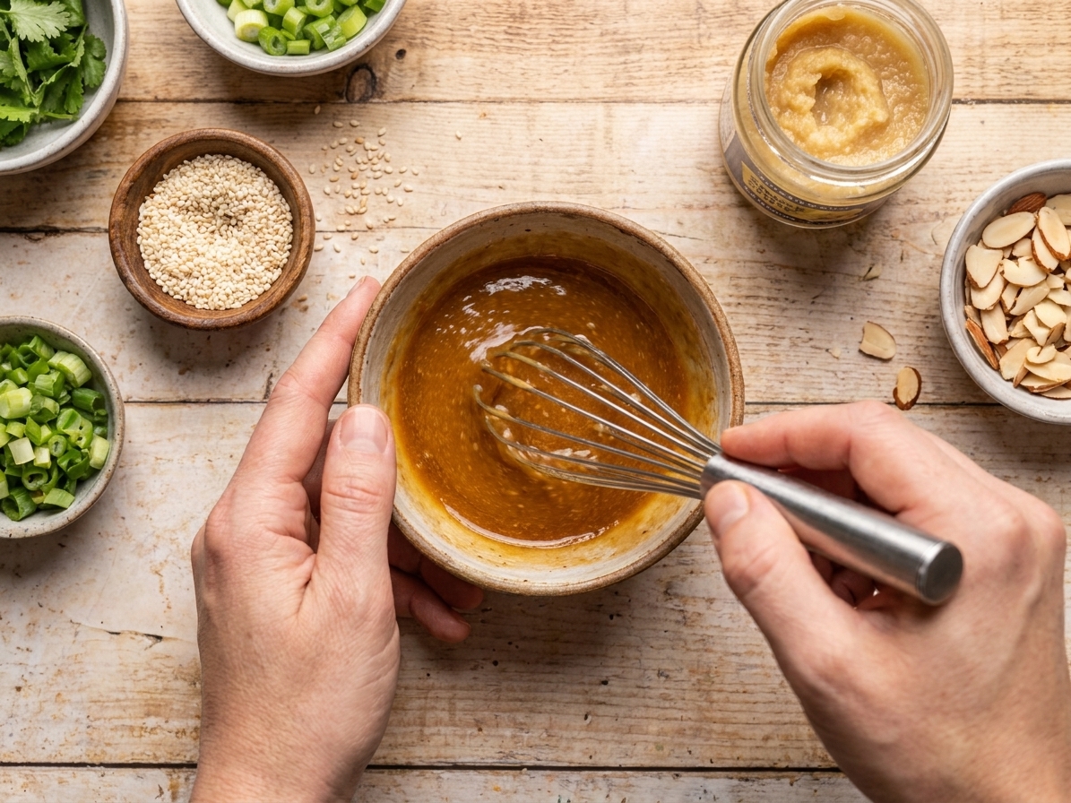 Hands whisking sesame ginger dressing in a small bowl on a kitchen counter