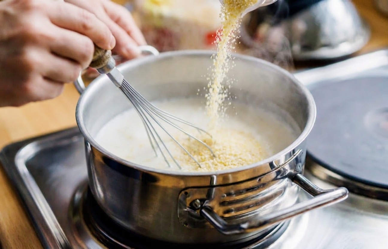 Hands whisking stone-ground grits into a saucepan in a thin stream on a stovetop