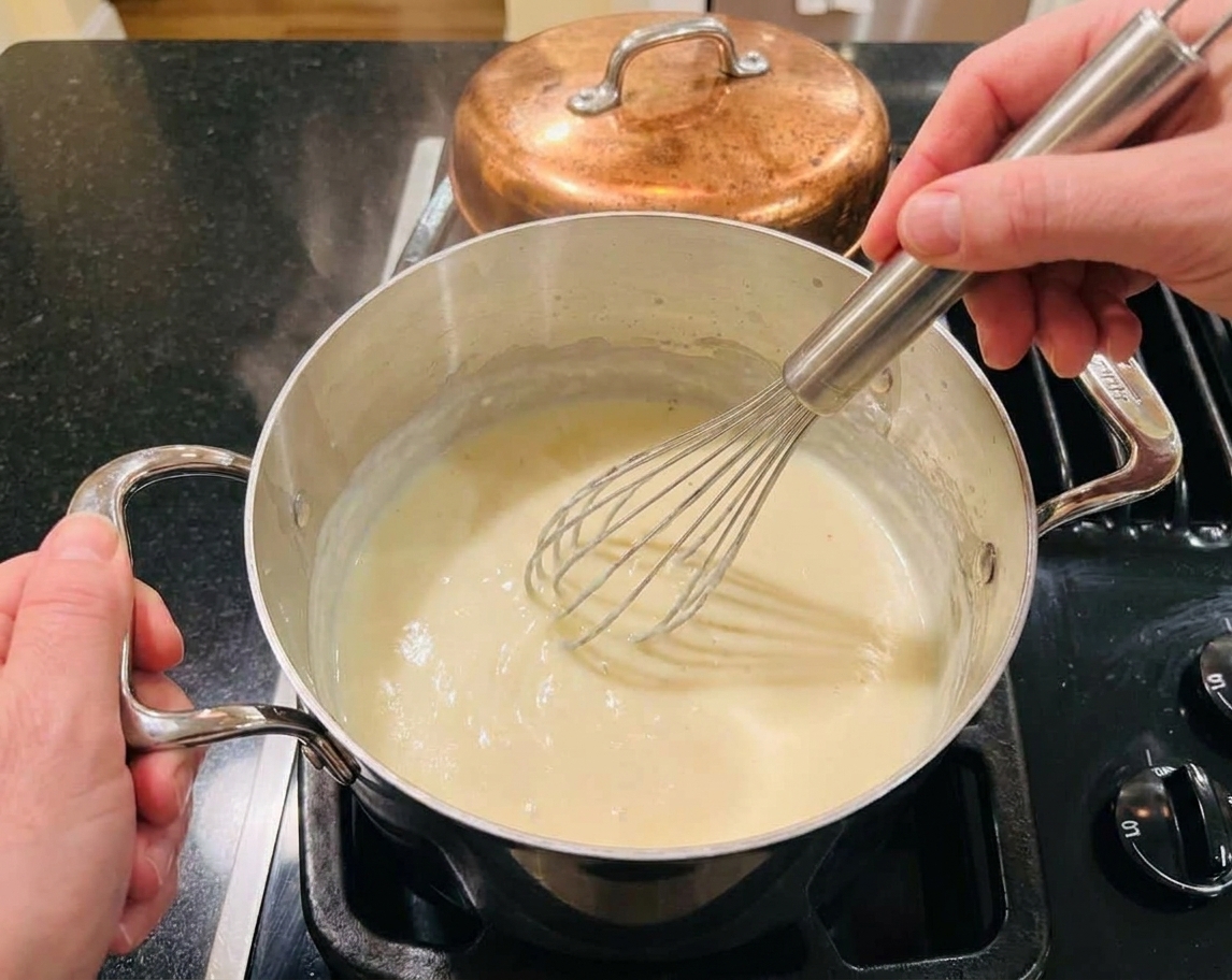Hands whisking warm milk into a butter and flour roux in a saucepan on a stovetop