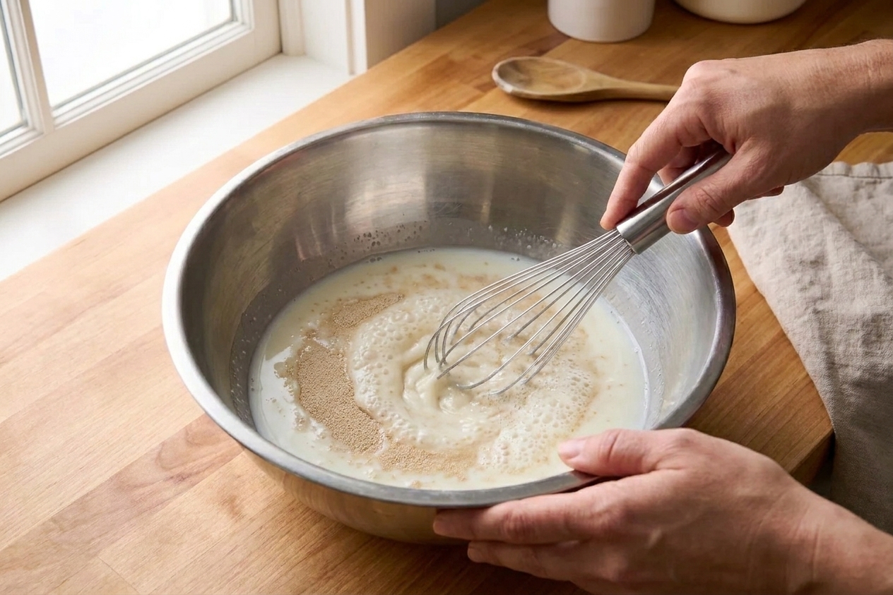 Hands whisking warm milk, yeast, and sugar in a stainless steel mixing bowl on a kitchen counter
