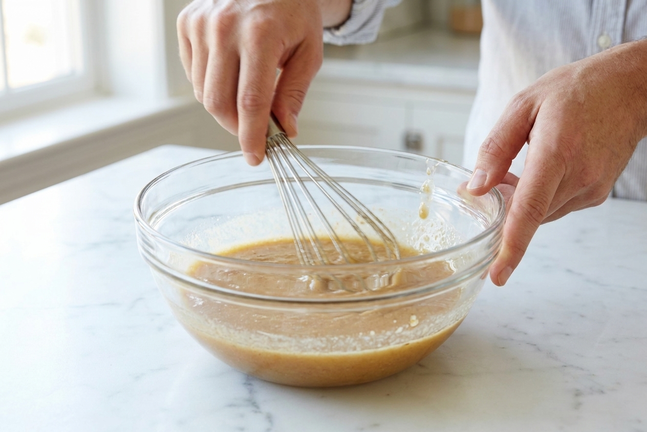 Hands whisking wet ingredients in a glass mixing bowl on a kitchen counter, butter and sugars fully blended
