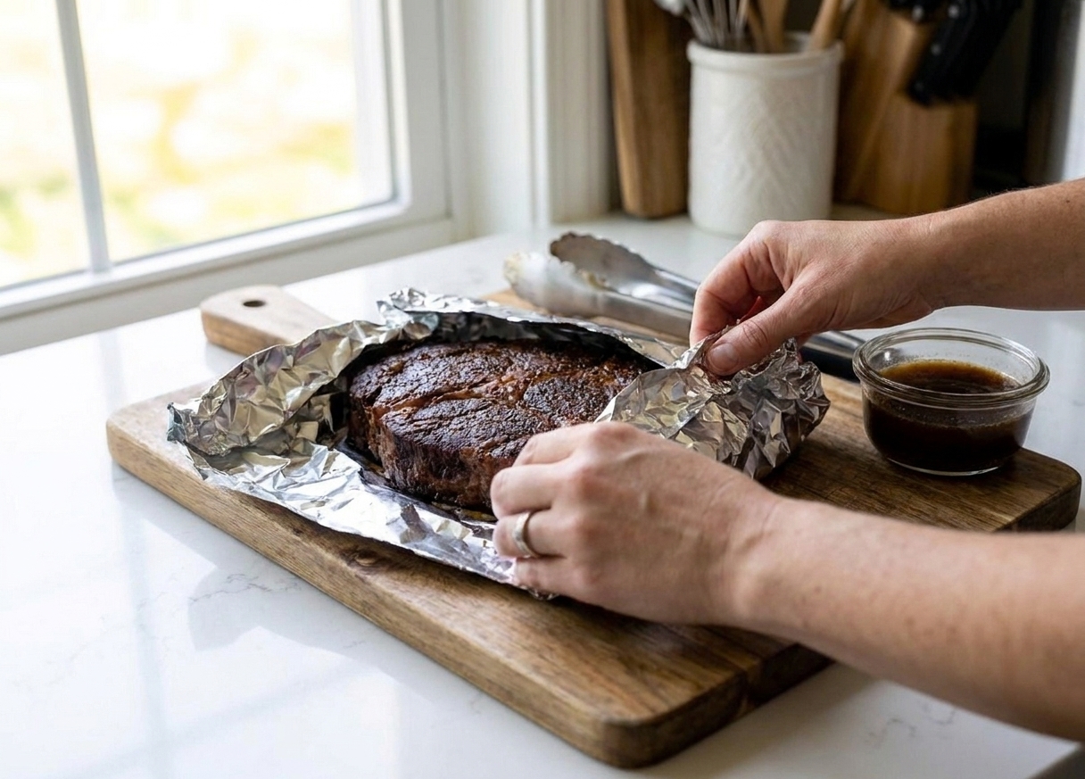 Hands wrapping a smoked chuck roast in heavy-duty foil on a wooden cutting board with tongs and a small bowl of beef broth nearby
