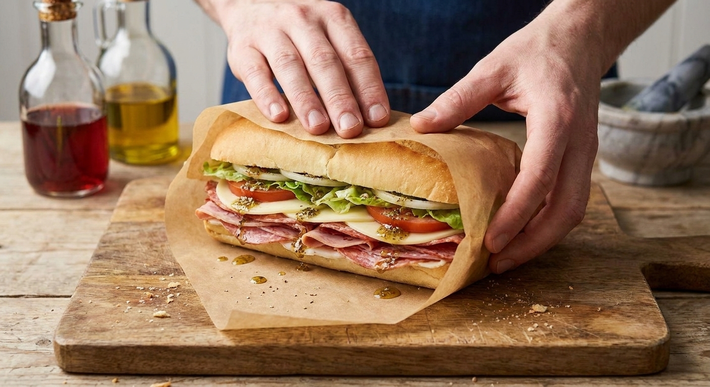 Hands wrapping an assembled Italian sub sandwich in parchment paper on a wooden cutting board in a bright home kitchen