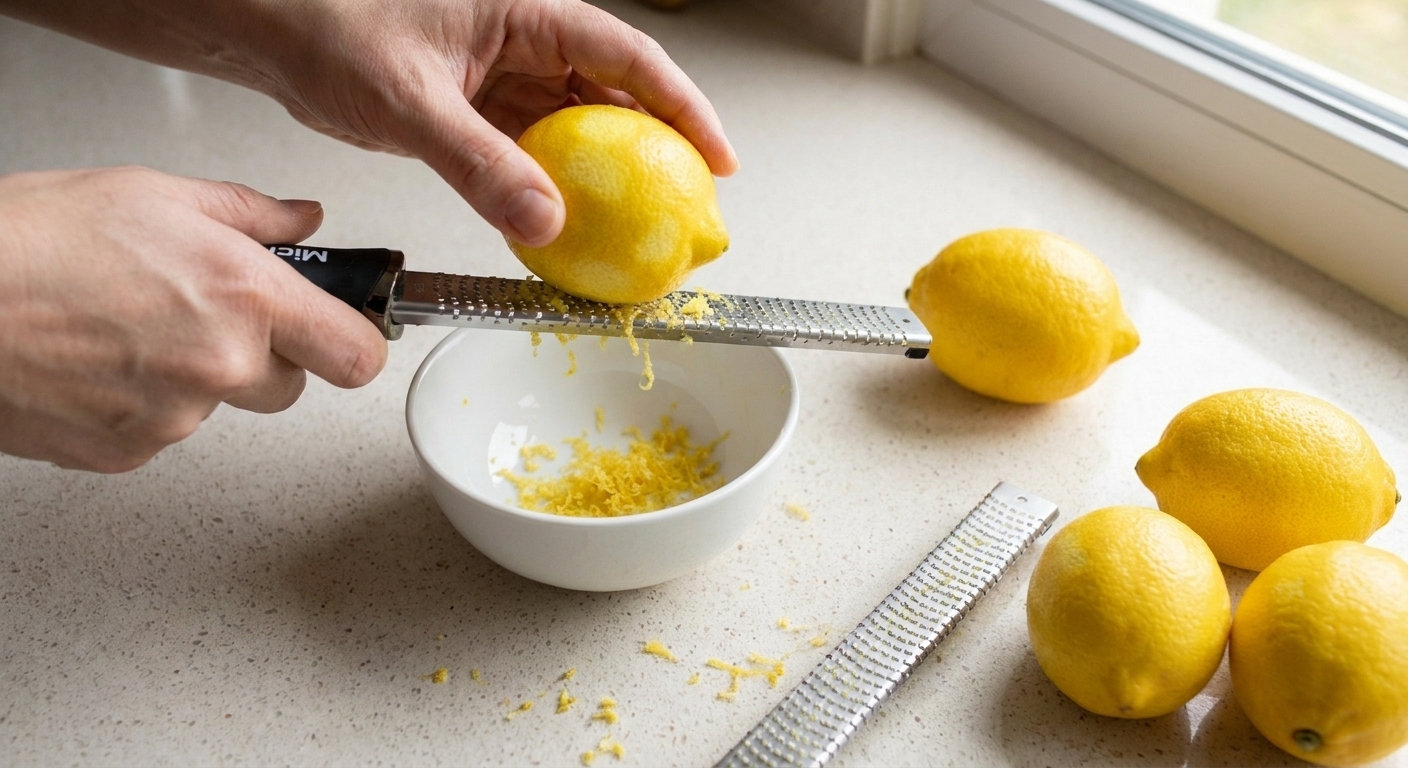 Hands zesting a fresh lemon over a small bowl on a bright kitchen counter, with a microplane and other lemons nearby