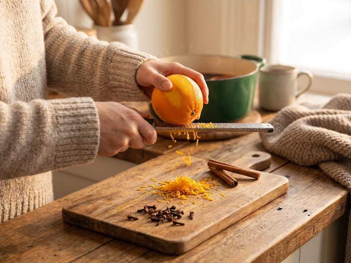 Hands zesting a fresh orange over a cutting board next to cinnamon sticks and cloves, cozy kitchen counter scene
