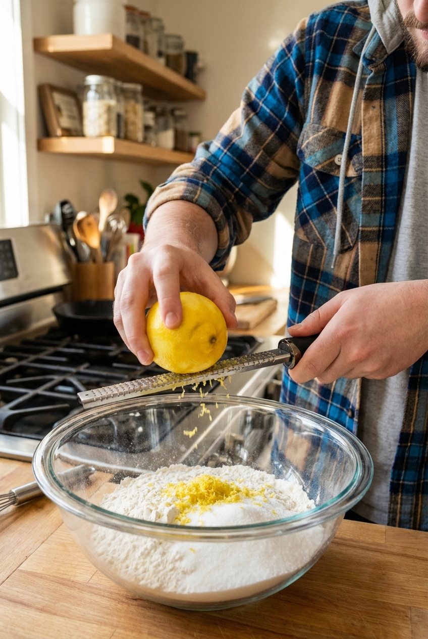 Hands zesting a lemon over a mixing bowl with flour and sugar
