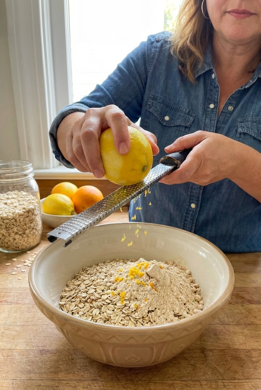 Hands zesting a lemon over a mixing bowl with oats and protein powder