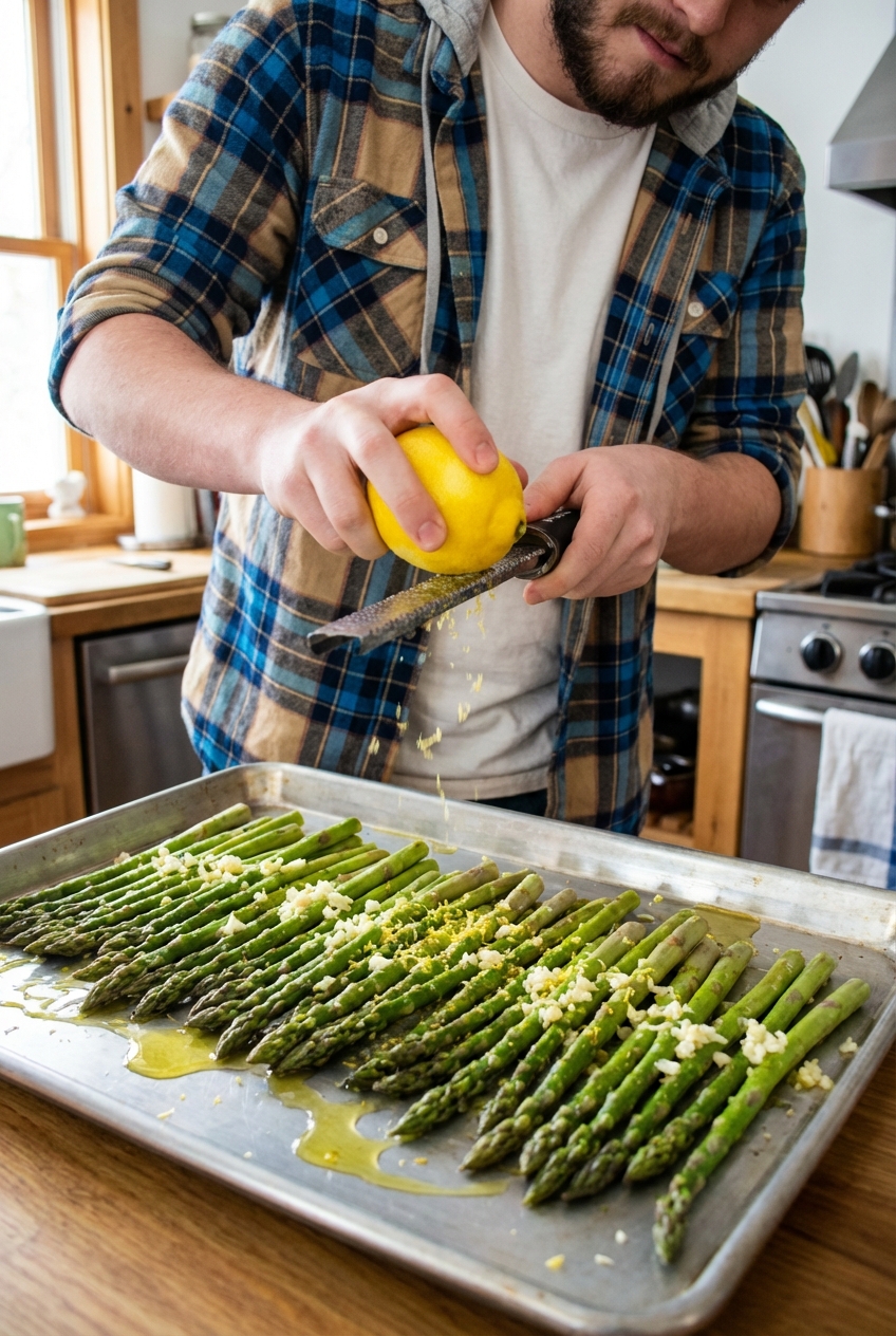 Hands zesting a lemon over a sheet pan of raw asparagus tossed with olive oil and garlic