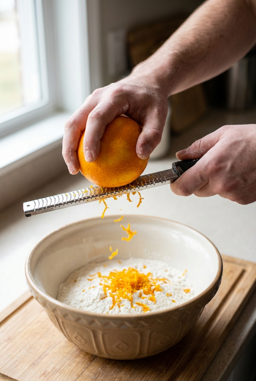 Hands zesting an orange over a mixing bowl with flour