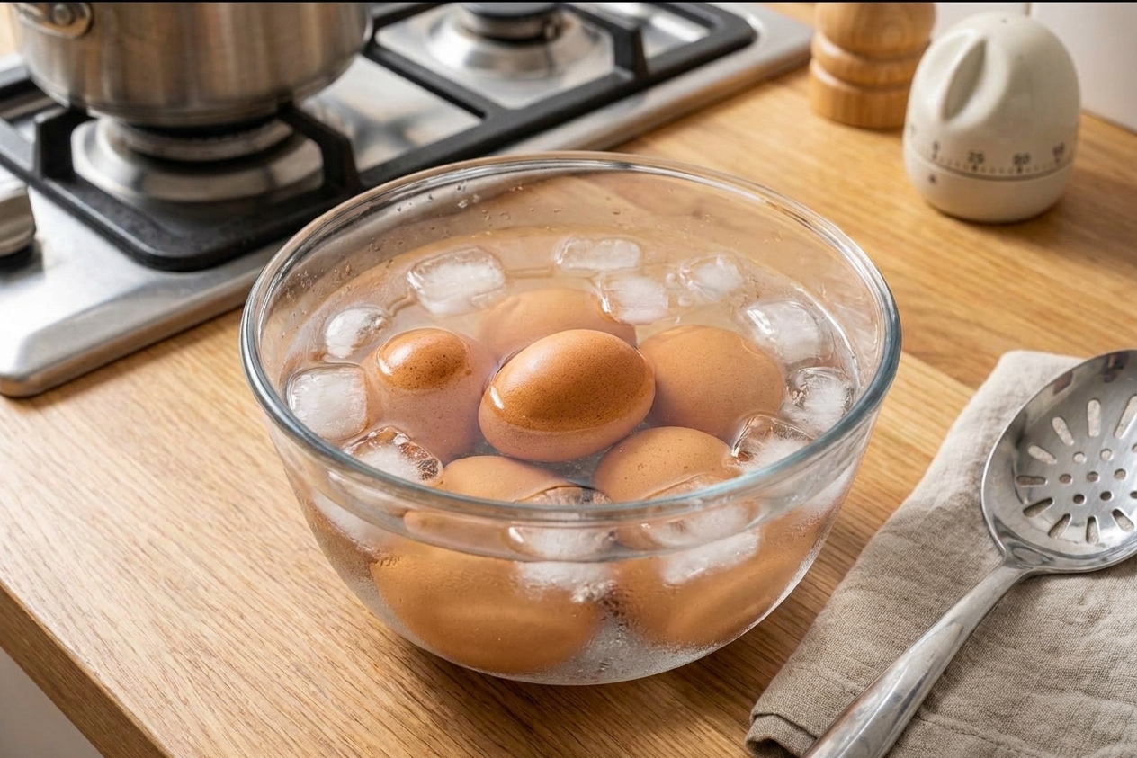 Hard-boiled eggs cooling in a clear bowl filled with ice water on a kitchen counter