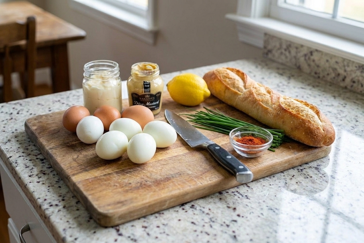 Hard boiled eggs, mayonnaise, Dijon mustard, lemon, chives, paprika, and a baguette arranged on a clean kitchen counter with a cutting board