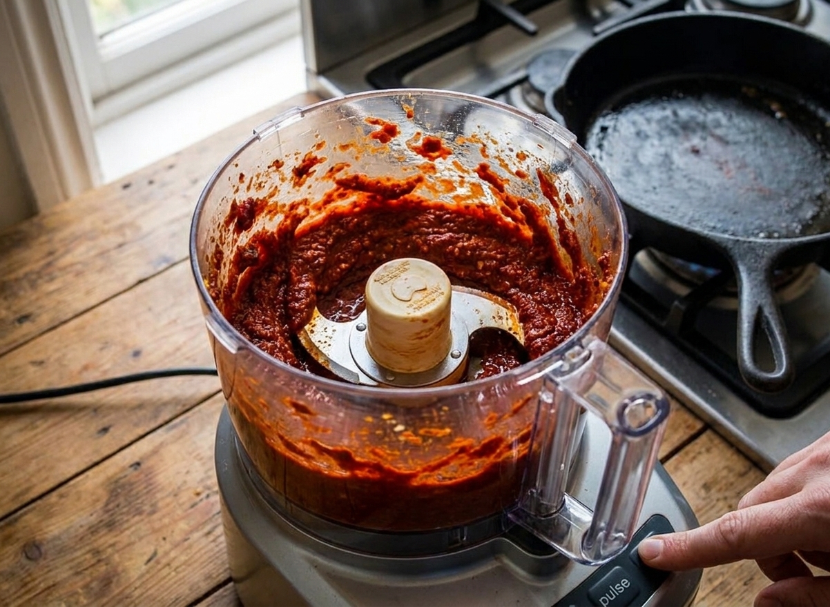 Harissa ingredients being blended in a food processor with a red paste forming around the sides