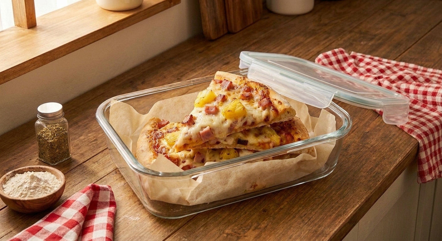 Hawaiian pizza slices stacked with parchment paper inside a glass food storage container on a kitchen counter