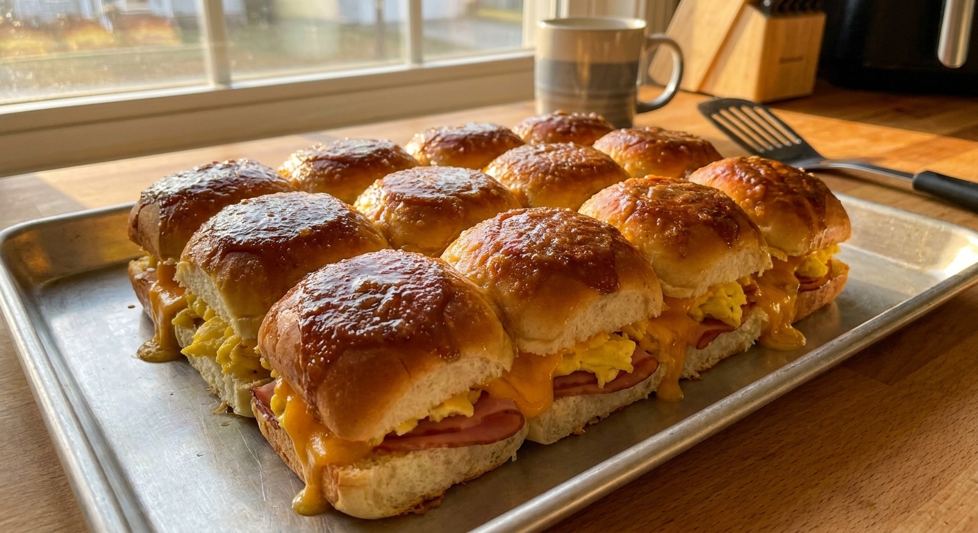 Hawaiian sweet roll breakfast sliders on a sheet pan, topped with a glossy butter and brown sugar Dijon glaze, with melty cheddar and visible layers of eggs and ham in warm morning kitchen light