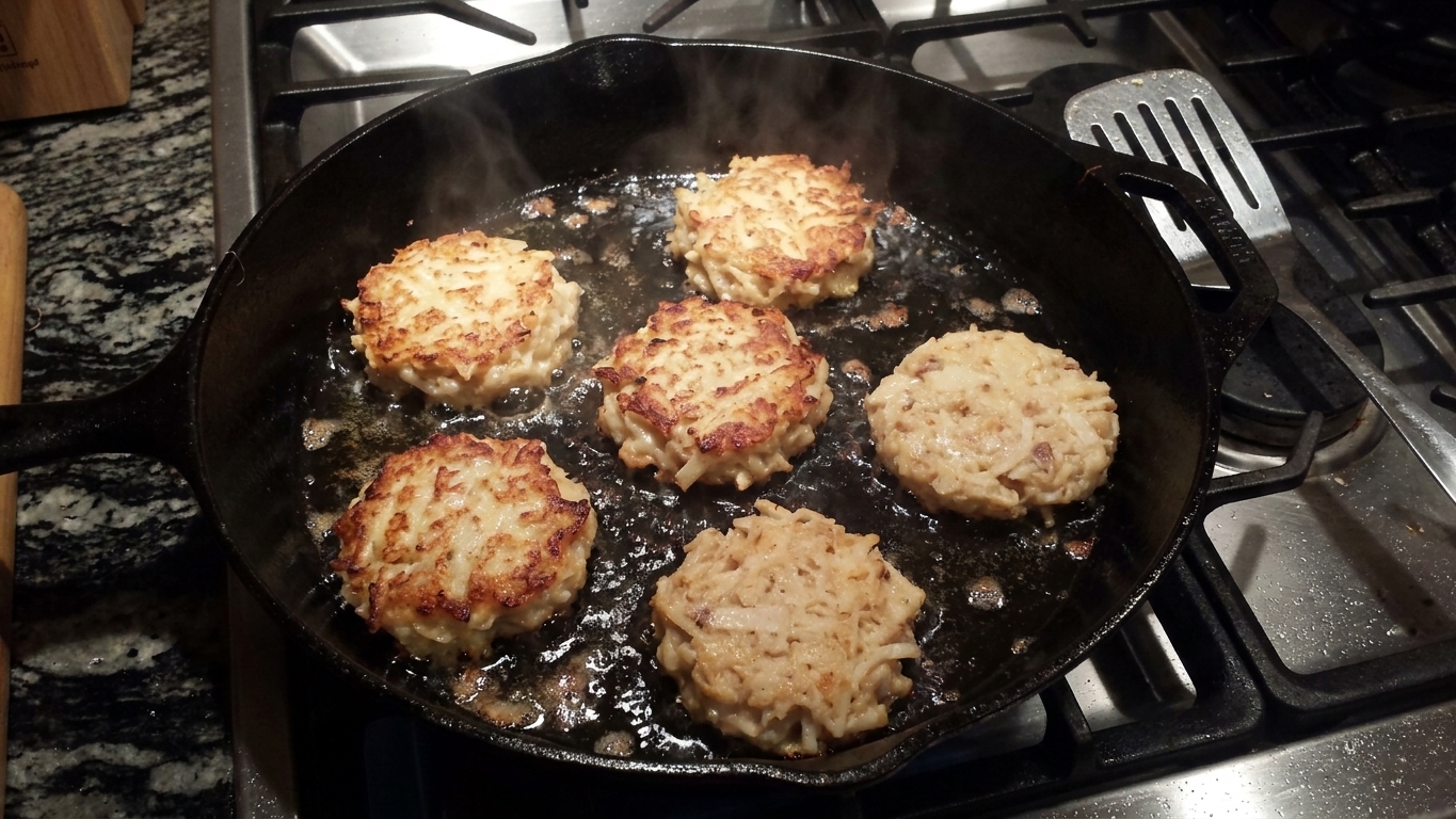 Hearts of palm cakes sizzling in a skillet with golden edges forming, with a spatula nearby on the stovetop