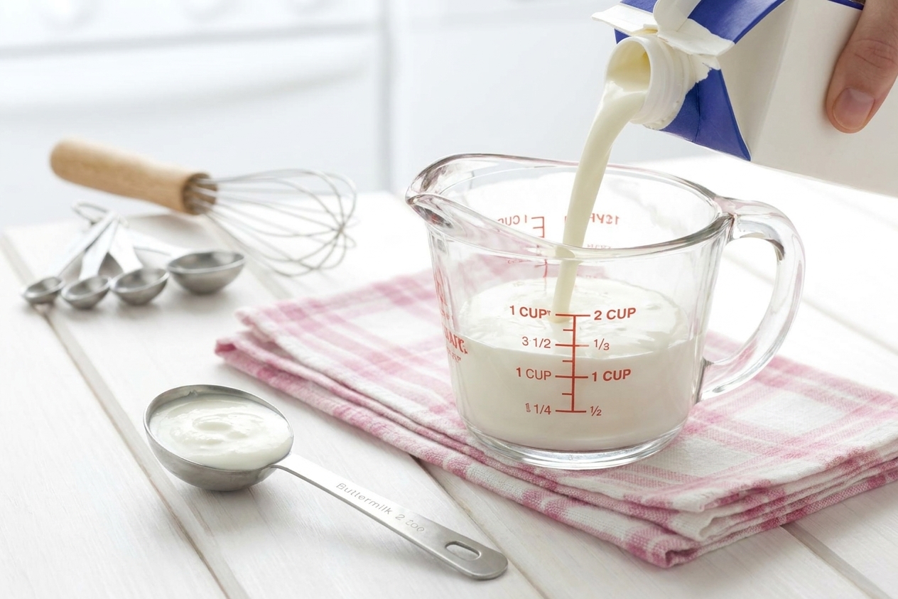 Heavy cream being poured into a measuring cup next to a tablespoon of buttermilk on a kitchen counter