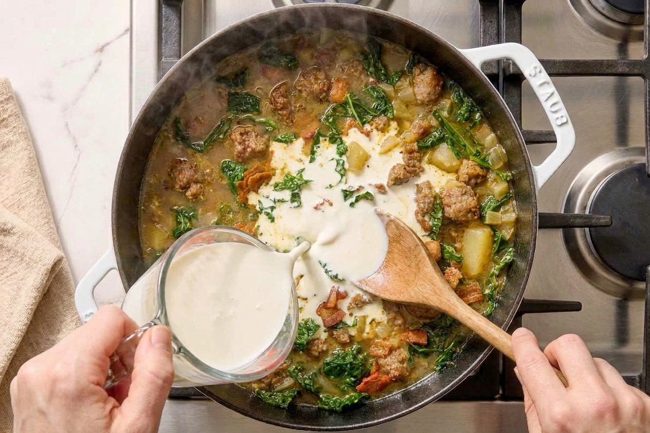 Heavy cream being poured into a pot of sausage and potato soup while the cook stirs, creating a creamy swirl