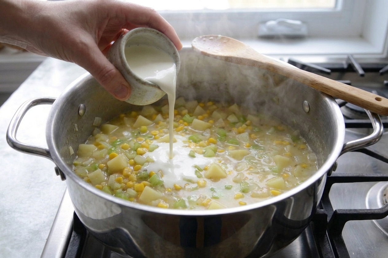 Heavy cream being poured into a pot of simmering chowder base with potatoes and corn