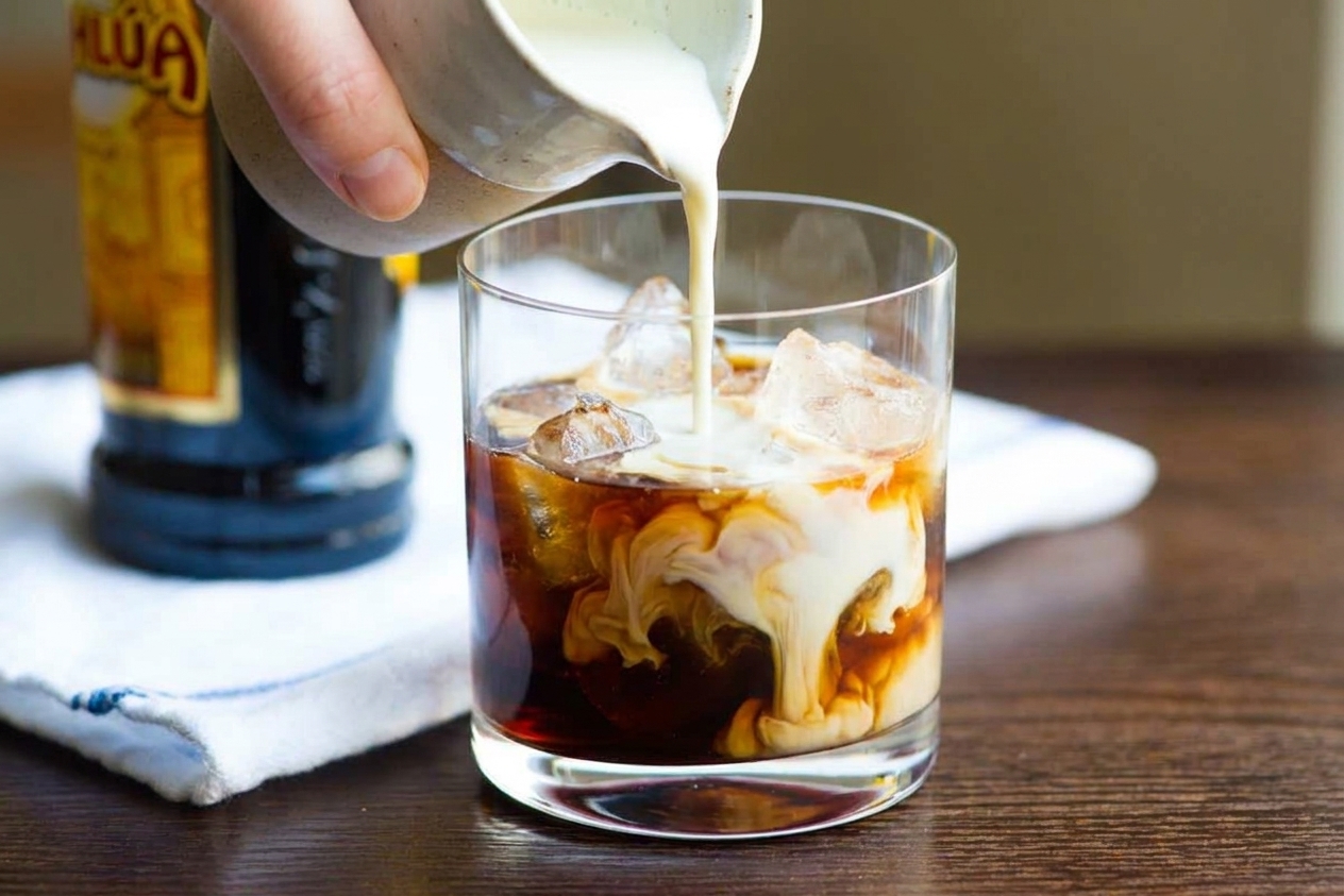 Heavy cream being poured into a rocks glass of vodka and coffee liqueur over ice, creating creamy swirls