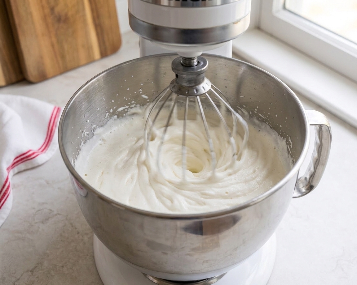 Heavy cream being whipped in a stand mixer bowl as it turns foamy and begins to thicken