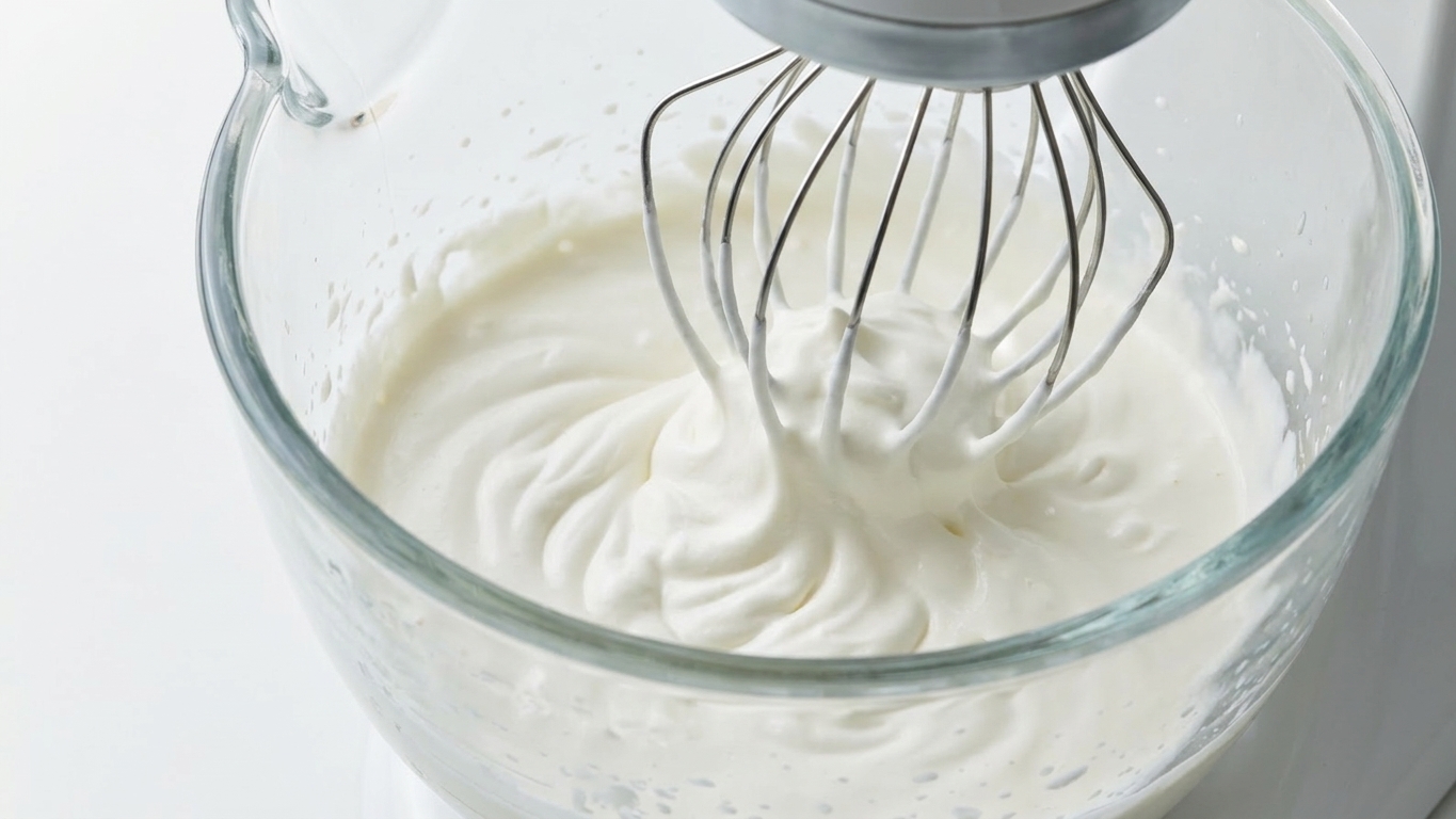 Heavy cream being whipped in a stand mixer bowl with the whisk attachment as it begins to thicken