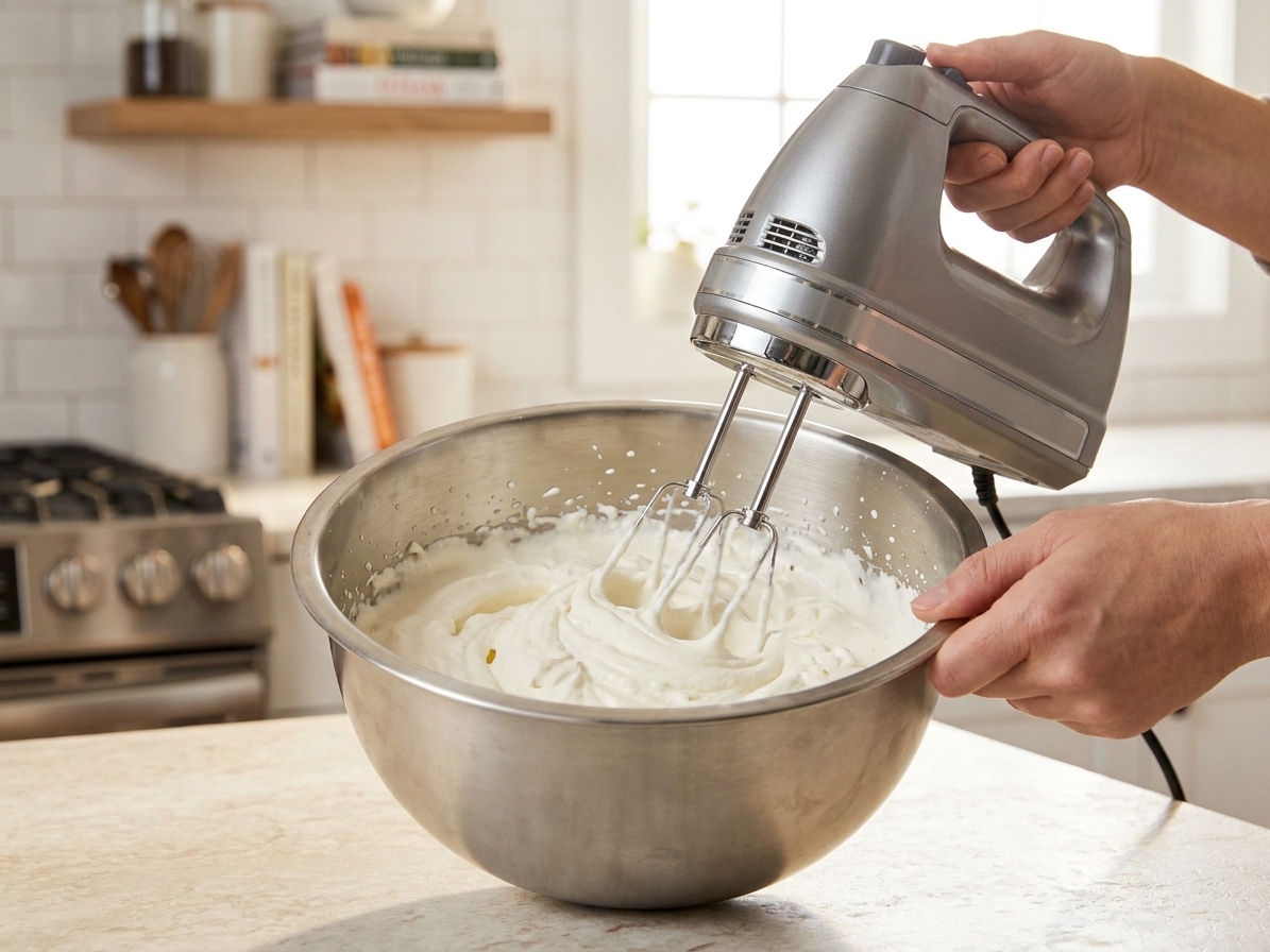 Heavy cream being whipped with a hand mixer in a stainless steel bowl on a bright kitchen counter