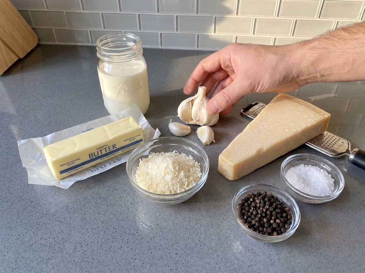 Heavy cream, butter, garlic cloves, a wedge of Parmesan, black pepper, salt, and a small bowl of grated cheese arranged on a clean kitchen counter