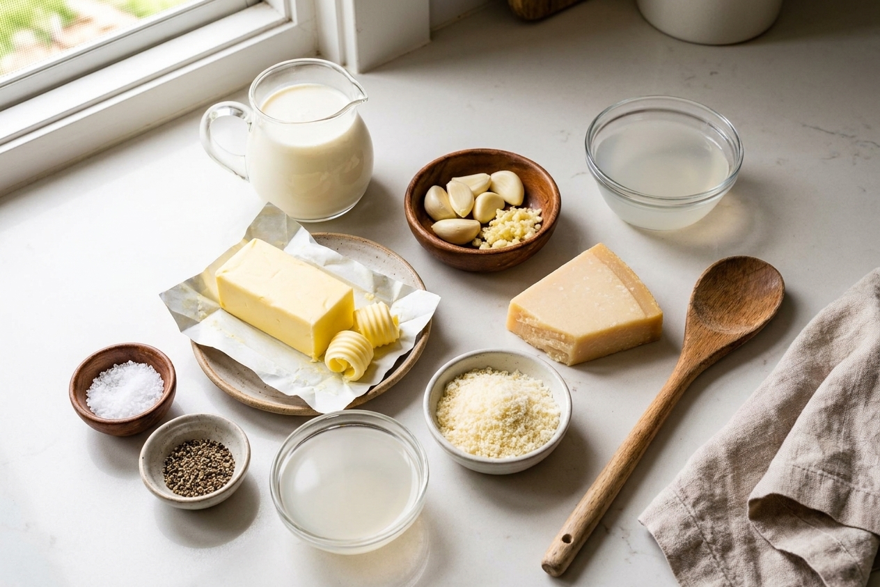 Heavy cream, butter, garlic cloves, grated Parmesan, salt, black pepper, and a small bowl of pasta water arranged on a light kitchen counter